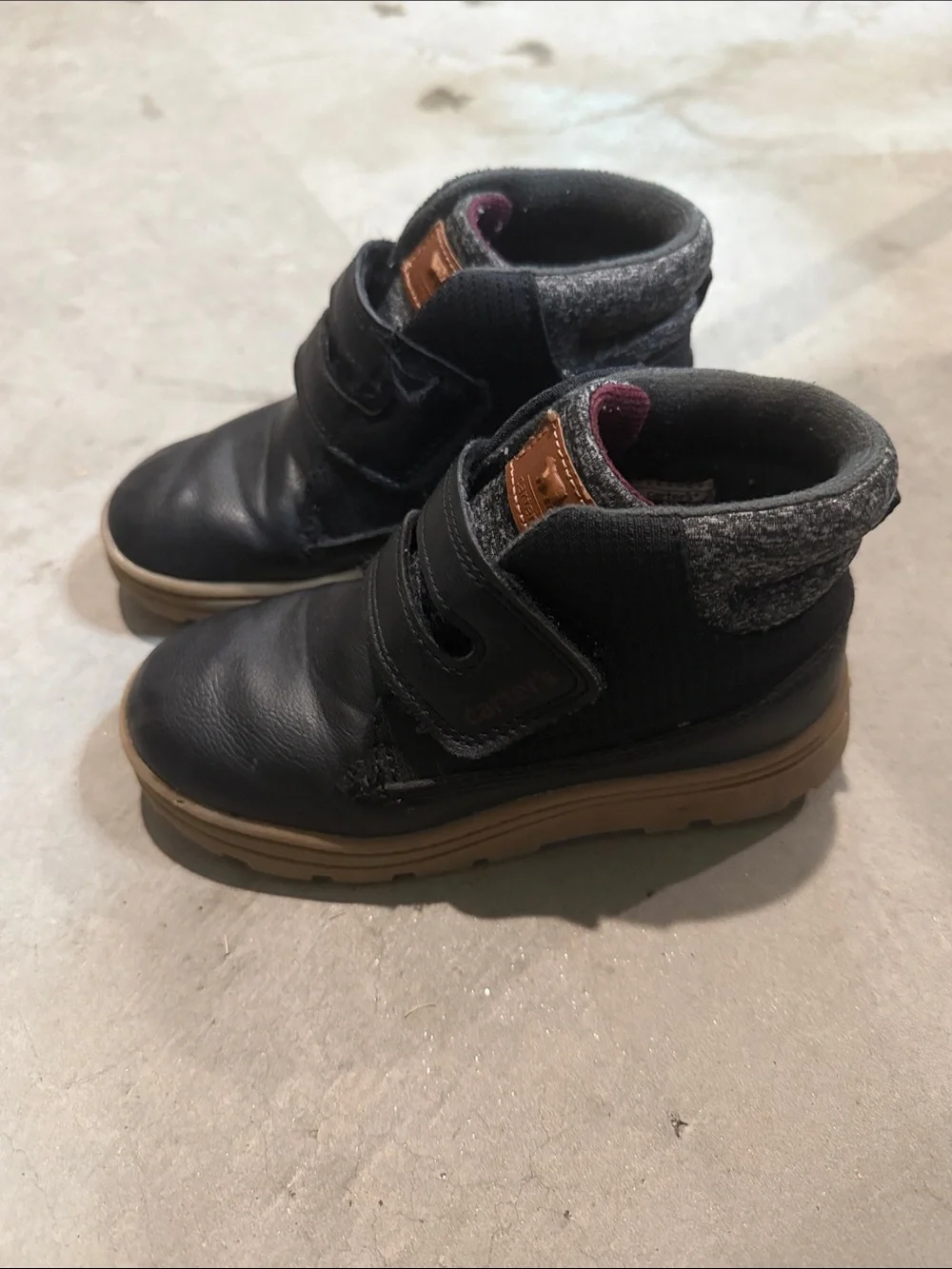 Kids Carter’s Black High-Top Velcro Boots with Brown Sole